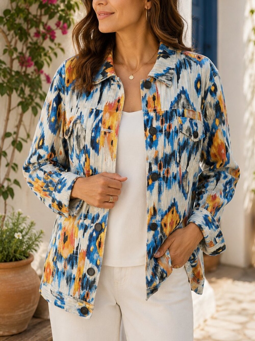Chico's Abstract Ikat Print Linen Blend Utility Shirt Jacket L
